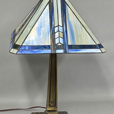 Arts & Crafts Blue Slag Glass Table Lamp