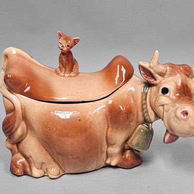 USA Glazed Ceramic Cow & Cat Jar