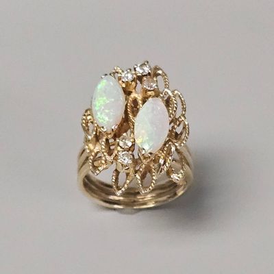14K Gold Opal & Diamond Cocktail Ring 6.9 Grams