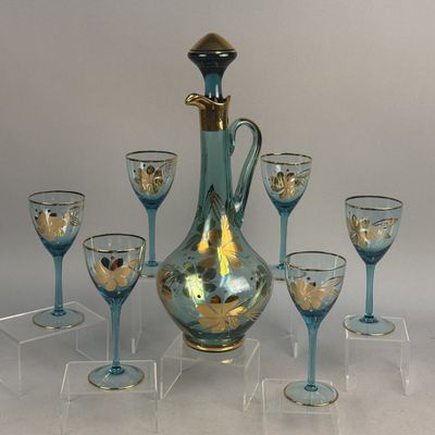 Romanian Teal and Gilt Glass Set