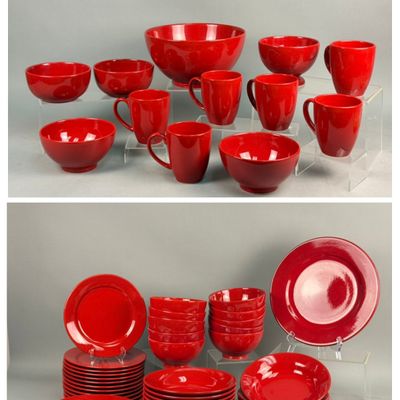 Large Red Glazed Stoneware Dinnerware Set