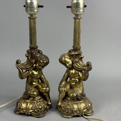 Gilt Cast Metal Cherub Table Lamps