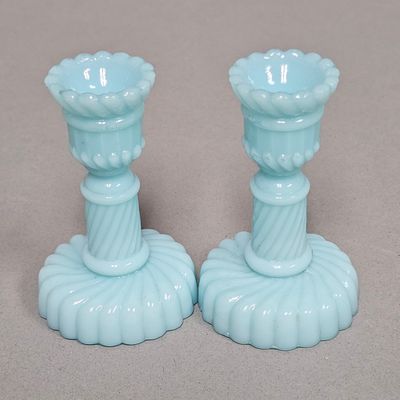 Blue Milk Glass Spiral Candlesticks