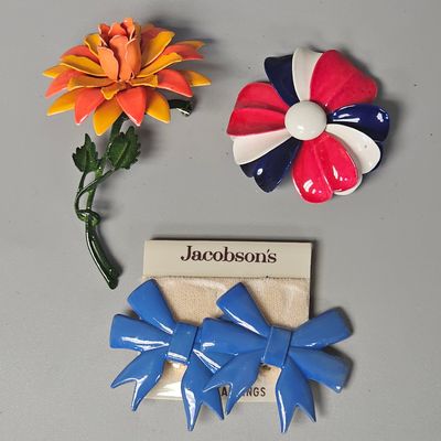 Enameled Floral Brooches and Jacobson's Earrings