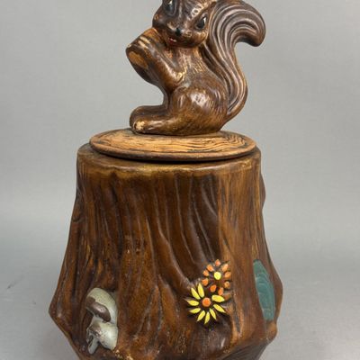 Earthenware Squirrel Tree Stump Cookie Jar