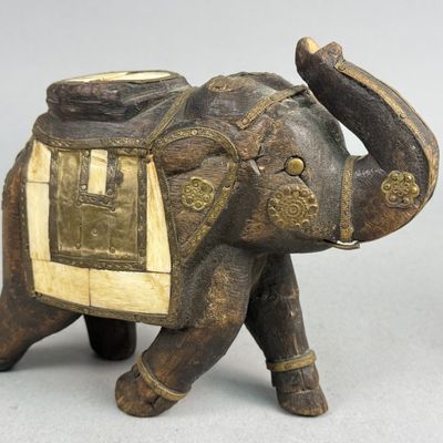 Indian Brass & Bone Inlaid Hand-Carved Elephant