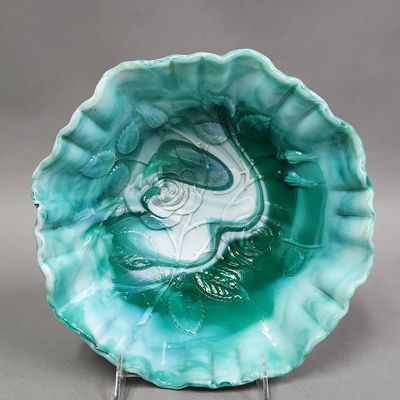 American Green Slag Glass Rose Ruffled Bowl
