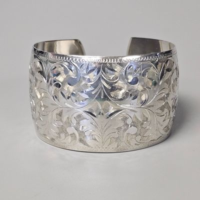Sterling Engraved Floral Cuff 33.3 Grams