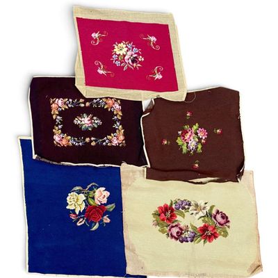 Five Floral Wool Needlepoint Panels