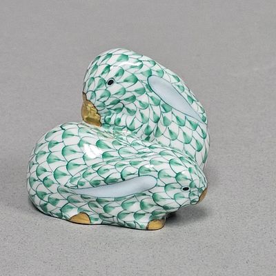 Herend Green Fishnet Porcelain Huddled Rabbits