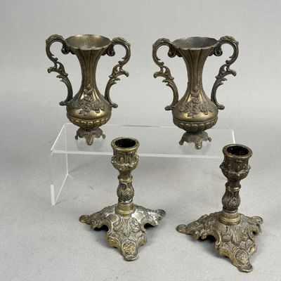 Italian Brass-Plated Ornate Vases & Candlesticks