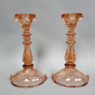 2 Paden City Scroll Pink Glass Candlesticks