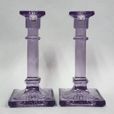 Amethyst Pressed Glass Column Candlesticks