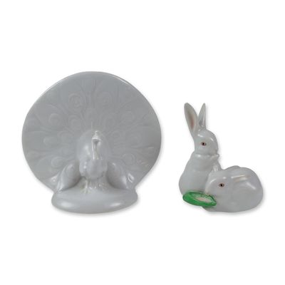 2pc of Herend Hungary Porcelain Peacock and Rabbits Figurines