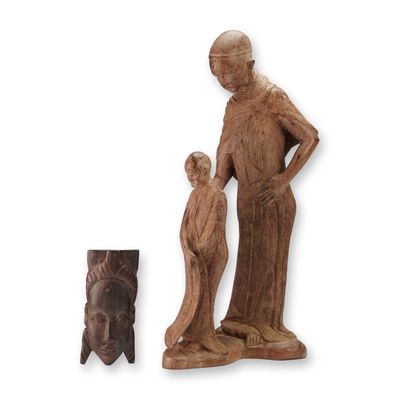 2pc Wooden African Woman and Child Sculpture and Small Mask Carving