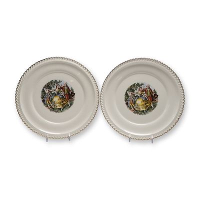 2pc The Hacker Pottery Plates, 22KT Gold Rim Courting Scene