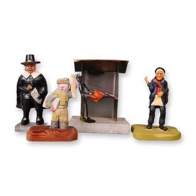 4 Folk Art Figurines & Metal Newspaper Stand on Stone Base