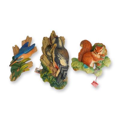 3pc Bossons Hand-Painted Chalkware Bird and Squirrel Wall Plaques