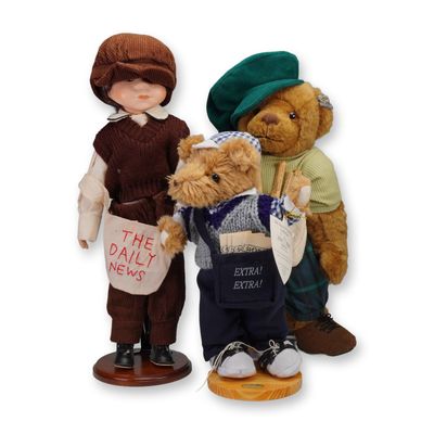 3pc Newspaper Theme Teddy Bears and Doll