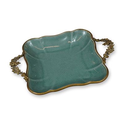Crackle Glaze Porcelain Centerpiece Dish with Ornate Gilt-Brass Handles