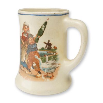 2pc Unmarked Dutch-Inspired Mugs, Fishing & Goose Girl Designs