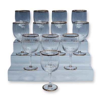 12pc Ribbed Glass Goblets with Gold Trim