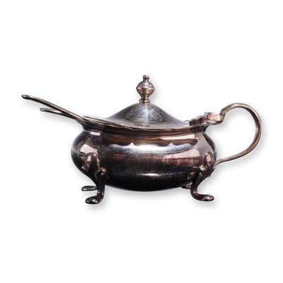 English Silver-Plated EPNS Barker Brothers Condiment Pot with Cobalt Blue Liner and Two Spoons