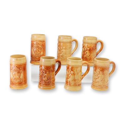 Set of Seven Hull Pottery Yellowware 1920s Steins, American Legion and Tavern Patterns