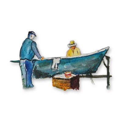 An Original Watercolor Painting of a Boat Yard, Signed Kontos