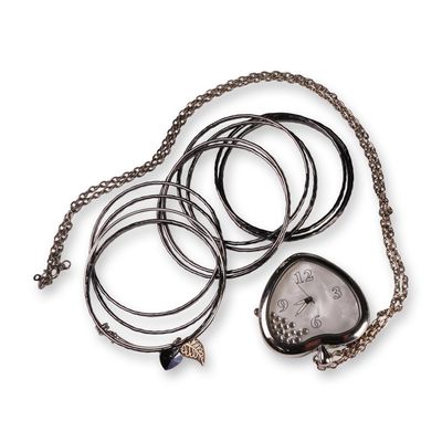 12pc Costume Jewelry, Watch Necklace, Charm Bangle and Gray Metal Bangles