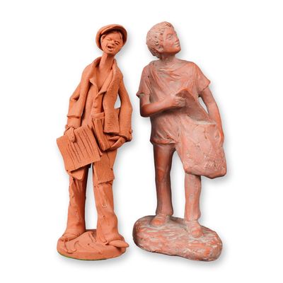 Group of Two Terracotta Newspaper Men Figurines