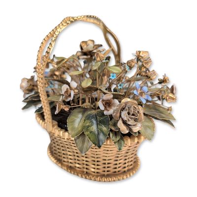 Jane Hutcheson for Gorham Fleurs des Siecles Style Gilded Metal Enameled Floral Basket Centerpiece