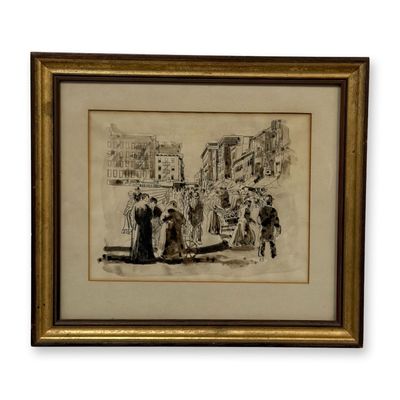 Late 19th Century Urban Market Scene, Graphite and Ink Wash on Paper