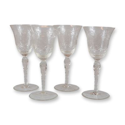 4pc Cut Glass Decorated Wine Glasses with Faceted Stems