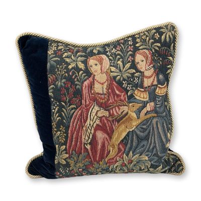 French Woven Tapestry and Navy Velvet Cushion by CJC St. Simons Island