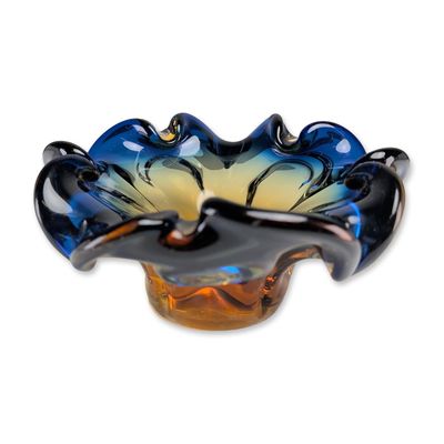 Hand-Blown Blue and Amber Art Glass Ruffled Bowl