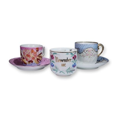 5pc Antique Porcelain Mustache Cups and Saucers