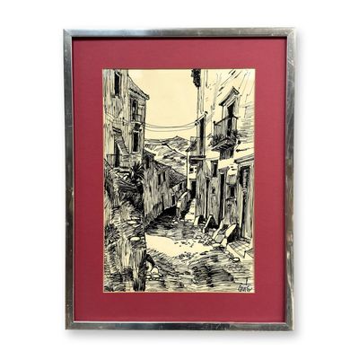 Guis, Village Street Scene, Pen and Ink on Paper