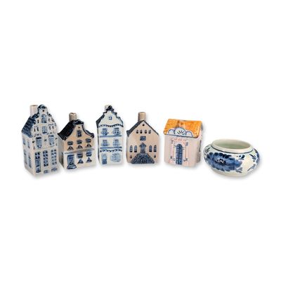 6pc Dutch Delft Blue Ceramics Decanter Houses and Bowl