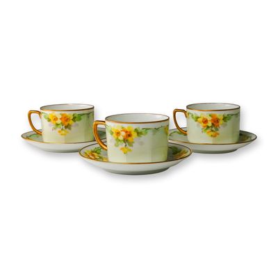6pc Hand-Painted Yellow Floral Porcelain Cup & Saucer Trio, Austria