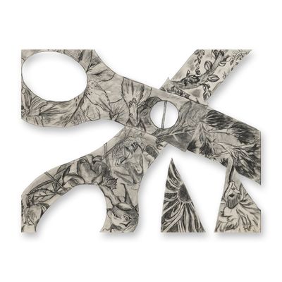 Framed Pastel & Graphite Drawing of Scissors w/ Botanical Designs