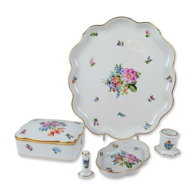 5pc Herend Hungary Bouquet de Saxe Porcelain Vanity Set