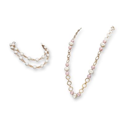 2pc Gold Tone Link Necklaces with Simulated Pearls
