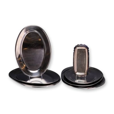 Set of 7 Stainless Steel Platters and a Scalloped Serving Dish