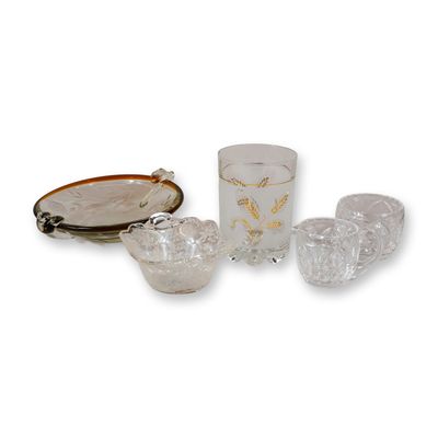 5pc Glass Ice Bucket, Cream and Sugar Set, and Etched Bowls