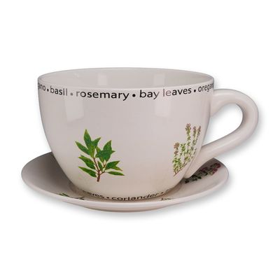 Large Ceramic Herb Motif Teacup and Saucer Planter