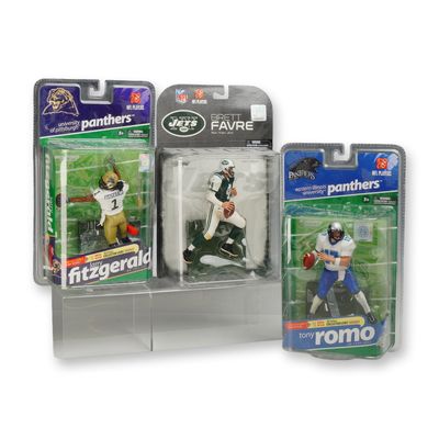 Three McFarlane Toys NFL and College Football Action Figures, Fitzgerald, Favre, and Romo