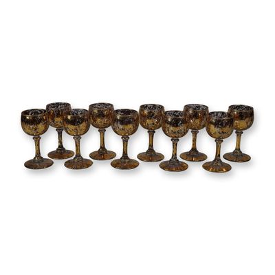 10pc Set of Vintage Gold Confetti Glass Cordial Stemware