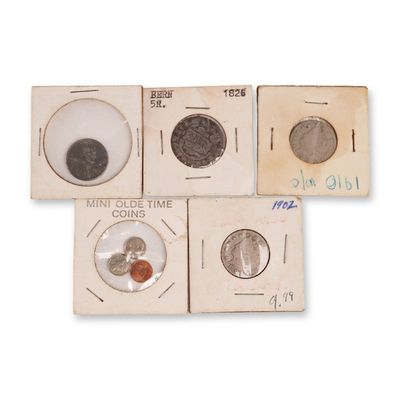 5pc 1826 Bern 5 Rappen, and 1902-1943 U.S. Liberty Nickels, Lincoln Wheat Penny & Mini Olde Time