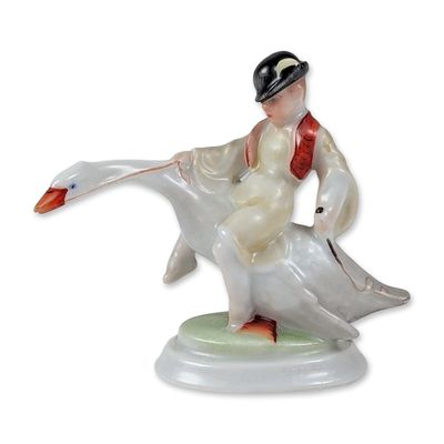 Herend Hungary Porcelain Boy Riding Goose Figurine, Ludas Matyi